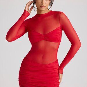 Oh Polly Sheer Panelled Long Sleeve Mini Dress in Fire Red 10
